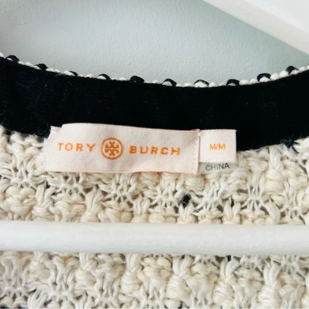 Tory Burch Kendra Tweed Jacket Coat Black Cream Fringed Size M​​